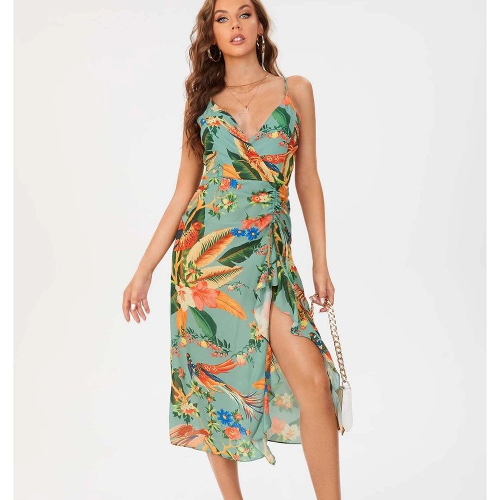 NEW!! Sizes Tall S or Tall M Floral & Bird Print Cami Wrap Dress